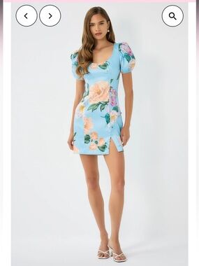 hutch evera blue floral print scoop neck puff sleeve mini dress size small NEW